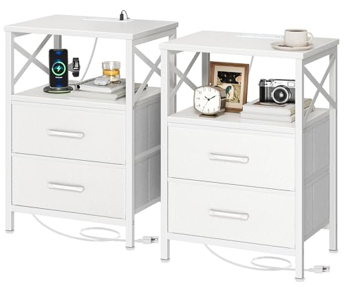 Huuger Nightstands Set of 2, Night Stand with Charger Station, 2 Drawer Side Table with Open Shelf, USB-C Port, End Table for Small Spaces, X Shaped Side Rail, White - color: White