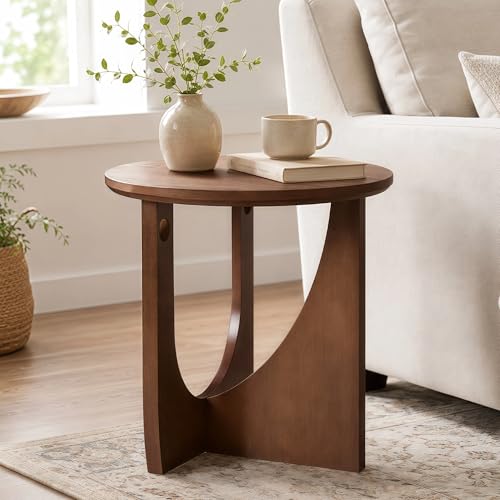 100% Solid Wood Round Side Table, 19.7'' Walnut Brown Small End Table, Sofa Side Table with Sculptural Curved Base, Minimalist Accent Table for Living Room, Bedroom, Reading Nook