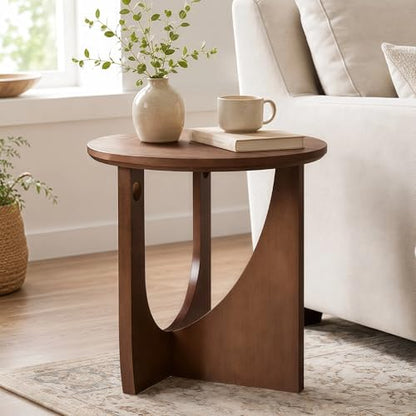 100% Solid Wood Round Side Table, 19.7'' Walnut Brown Small End Table, Sofa Side Table with Sculptural Curved Base, Minimalist Accent Table for Living Room, Bedroom, Reading Nook