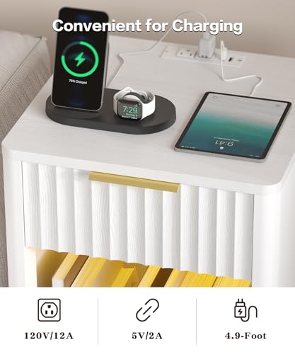 Akxomel Fluted Nightstand, Wooden Night Stand with Charging Station and LED Light, Modern Mid Century End Table with Drawer, 15" D x 15.7" W x 22.6" H, for Bedroom, White - color: White
