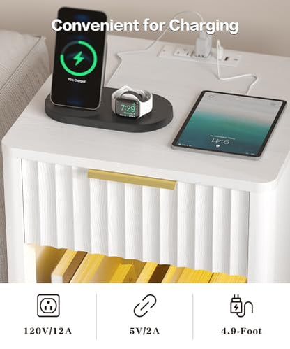 Akxomel Fluted Nightstand, Wooden Night Stand with Charging Station and LED Light, Modern Mid Century End Table with Drawer, 15" D x 15.7" W x 22.6" H, for Bedroom, White - color: White