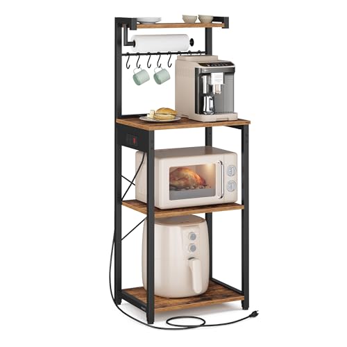 VASAGLE BARNET Collection - Kitchen Bakers Rack with Power Outlet, 17.7-Inch Wide Coffee Bar 4-Tier with 8 S Hooks, Modern Microwave Stand, Adjustable Shelf, Rustic Brown and Ink Black UKKS013KD01 - color: Rustic Brown + Ink Black, size: 17.7"W