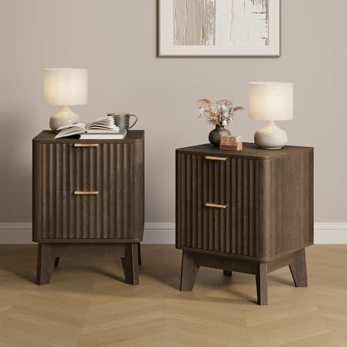 Fluted Nightstand Set of 2, Modern End Table with Metal Handle,2 Storage Drawers Side Table,Bedside Table for Bedroom,Wood Nightstands,Curved Profile Design Furnitue, Walnut - color: 2pcs_walnut