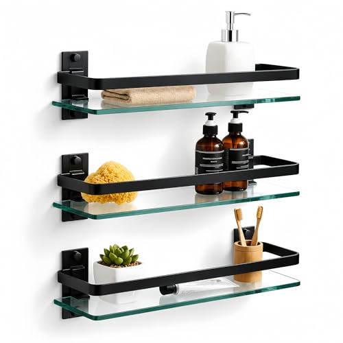Bathroom Glass Shelf 15.7" Black Wall-Mounted, Floating Metal Storage Rack | 3 Pack Aluminum Tempered Glass 0.3in Extra Thick Rectangular，Space-Saving Design - color: Black 3 Pack