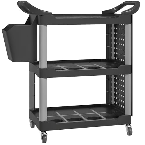 HOMCOM 3 Tier Utility Cart on Wheels, Rolling Tool Storage with Pegboards and Bucket, 200 LBS Load Capacity Plastic Service Cart for Garage, Warehouse, Workshop, Black and Light Gray - color: Black and Light Gray, size: 39" W x 16.9" D x 38.2" H