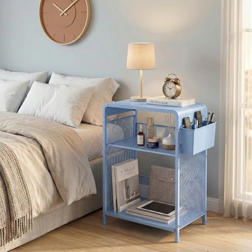 ECOLOVI 3 Tier Printer Stand for Under Desk, Height Adjustable Shelf Small Printer Table with 3 S-Hooks & Basket, Heavy Duty Industrial Storage Shelf for Home Office (Blue Metal) - color: Blue