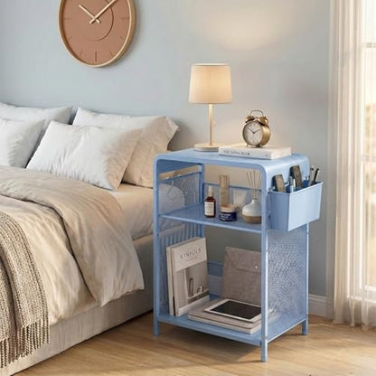 ECOLOVI 3 Tier Printer Stand for Under Desk, Height Adjustable Shelf Small Printer Table with 3 S-Hooks & Basket, Heavy Duty Industrial Storage Shelf for Home Office (Blue Metal) - color: Blue