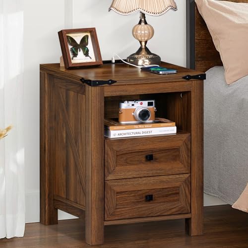 Joaxswe Nightstands Set of 2 with Charging Station, Farmhouse Side End Table with 2 Drawers and Open Shelf, Wood Rustic Sofa Table, Bedside Cabinet for Bedroom, Living Room, Closet, Office(Brown) - color: Brown, size: 2 pack
