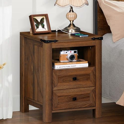 Joaxswe Nightstands Set of 2 with Charging Station, Farmhouse Side End Table with 2 Drawers and Open Shelf, Wood Rustic Sofa Table, Bedside Cabinet for Bedroom, Living Room, Closet, Office(Brown) - color: Brown, size: 2 pack
