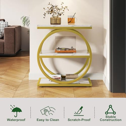 IBUYKE Narrow End Table with 3 Storage Shelves, Industrial Sofa Side Table, Double Round Metal Frames, Slim Nightstand and Bedside Table for Bedroom, Living Room, White with Gold UTMJ418G - color: White With Gold