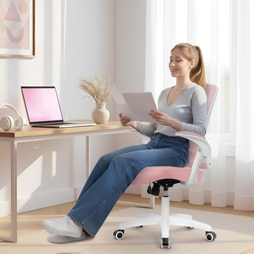 NEO Chair Office Desk Gaming Chair Computer High Back Mesh Seat with Rolling Wheels Ergonomic Adjustable Comfy Flip-up Armrests Lumbar Support Height for Home (Pink White Frame) - color: Pink
