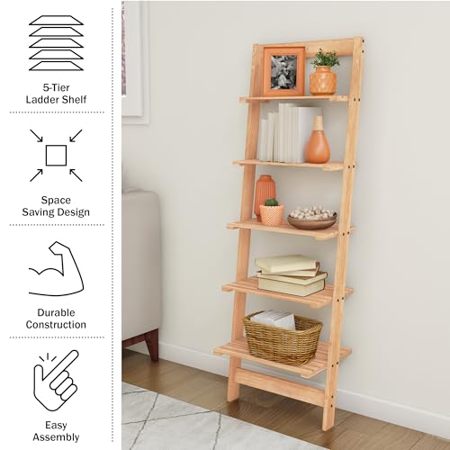 5-Tier Ladder Shelf - 50-Inch Narrow Leaning Bookshelf - Wooden Bookcase for Living Room, Bathroom, Kitchen, Office, or Bedroom Furniture by Lavish Home (Oak) - color: Pickled Oak