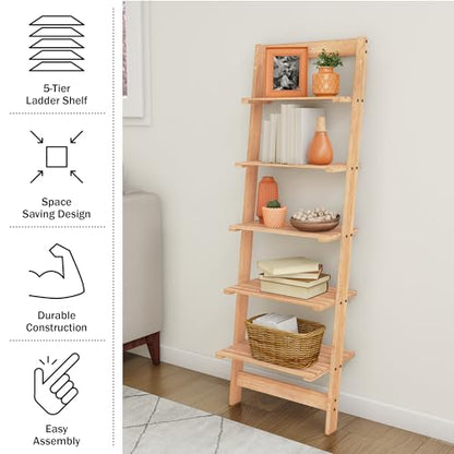 5-Tier Ladder Shelf - 50-Inch Narrow Leaning Bookshelf - Wooden Bookcase for Living Room, Bathroom, Kitchen, Office, or Bedroom Furniture by Lavish Home (Oak) - color: Pickled Oak