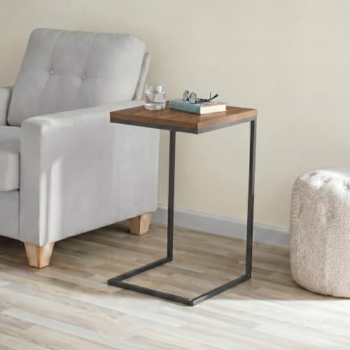 C-Shaped Couch Table, Walnut Finish | Movable Side End Table, Sturdy Metal Frame, Narrow Laptop Stand Desk & TV Tray, For Living Room - color: Walnut