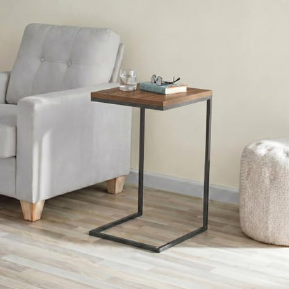 C-Shaped Couch Table, Walnut Finish | Movable Side End Table, Sturdy Metal Frame, Narrow Laptop Stand Desk & TV Tray, For Living Room - color: Walnut