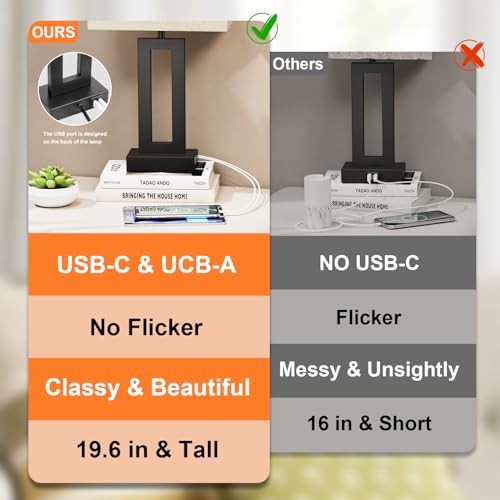 Seealle Bedroom Lamps for Night Stands - Touch Control, 3 Way Dimmable, USB C+A Charging, LED Bulbs, Easy Assembly - color: A. Beige&Black, size: Medium(19.6in)