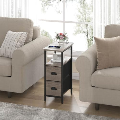 sthmec Narrow End Table with Charging Station, Narrow Side Table with 2 Fabric Drawers, Slim Nightstand, Skinny Bedside Table, Small Side Table for Small Spaces, Living Room, Bedroom, Grey - color: Grey, size: 7.87'' W x 15.75'' D x 24.37'' H, style: Powe