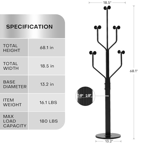 Coat Rack Freestanding Metal Coat Tree with 10 Hooks, Black | Heavy Duty Standing Coat Rack, Stainless Steel Marble Base, Coat Hanger Stand for Bedroom Entryway Hallway, Hat, Bags - color: Black