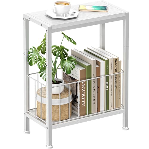 Narrow Side Table, Skinny End Tables with Magazine Holder, Small Sofa Table for Small Spaces, Space-Saving Design, Slim Nightstand Bedside Table for Living Room, Bedroom, Office, White - color: White