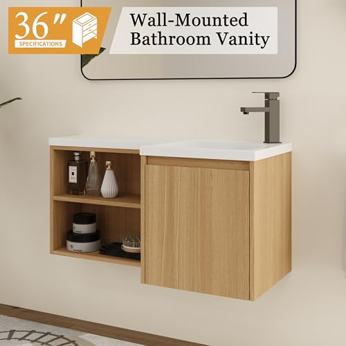Malwee 36" Corner Floating Bathroom Vanity with Resin Sink, Right Side L-Shaped Wall Mounted Cabinet, Soft Close Door & Open Shelf, Space Saving Vanity for Small Bathroom, Light Brown - size: 36" (Right Sink)