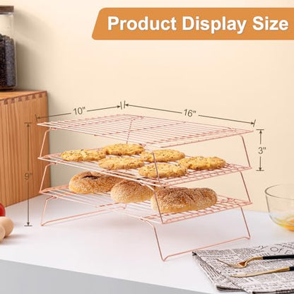 Cooling Rack for Baking 3 Tiers, 16" x 10" Cookie Cooling Wire Rack Stackable Collapsible Nonstick, Stainless Steel Baking Cooking Cooling Racks with Optimum Air Flow, Rose Gold - color: Rose Gold, size: 16"x10"-3Tier
