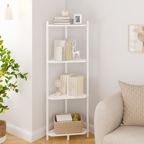 Wisuce White Small Corner Shelf Stand, 4-Tier Bamboo Corner Bookshelf | Space-Saving Narrow Corner Shelf | Bathroom Corner Shelf | Shelves for Bedroom, Living Room, Kitchen & Plant Display - color: White, size: 4 Tier