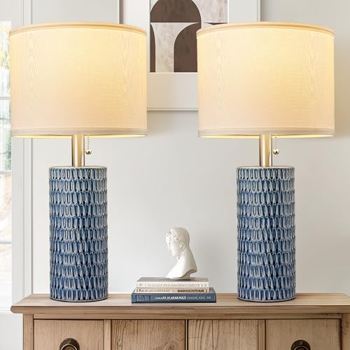 Reaketon Table Lamps for Living Room Set of 2, Ceramic Table Lamps for Bedroom, 20" Modern Lamps for Night Stands, Dark Blue - color: Dark Blue