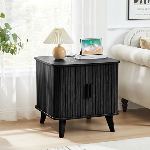 24" Square Side Table with Charging Station, Fluted Nighstand with Storage & Sliding Door, Large Wood End Table for Bedroom, Living Room (Square, Black) - color: Black, size: 24"-Square