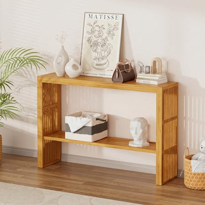 47-Inch Console Table with Storage, 2-Tier Narrow Entryway Table,Natural | 100% Natural Bamboo slim profile, reinforced angled frame versatile wall-side placement - color: Natural, style: 2-TIER