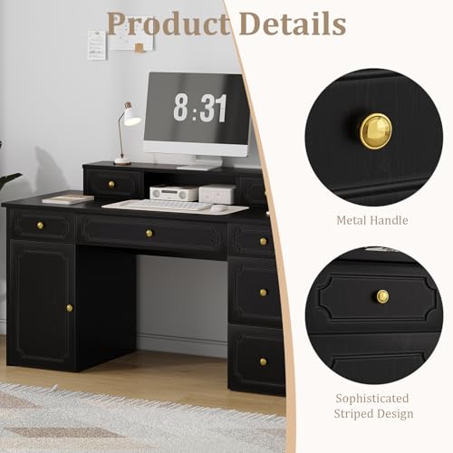 Catrimown Black Desk with 7 Drawers, 54 Inch Computer Desk with Cabinet for Work Writing Study, Vanity Desk with Golden Handle for Girls, Bedroom - color: Black