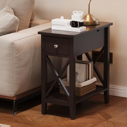 ChooChoo End Table, Flip Top Narrow End Table with Drawer | Narrow Side Table with Flip Top, Accent Small Side Table Nightstand for Living Room, Bedroom, and Small Spaces, Espresso - color: Espresso, size: 1 Pack, style: Without Power