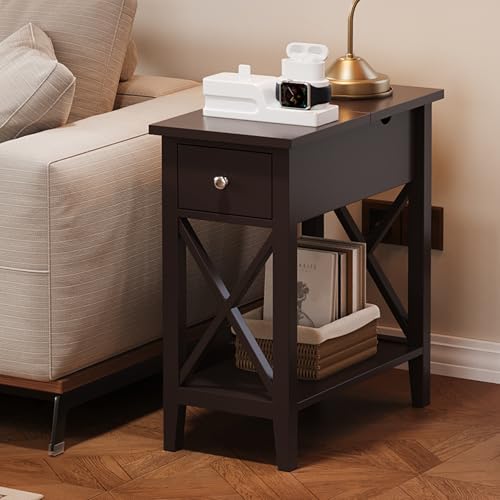 ChooChoo End Table, Flip Top Narrow End Table with Drawer | Narrow Side Table with Flip Top, Accent Small Side Table Nightstand for Living Room, Bedroom, and Small Spaces, Espresso - color: Espresso, size: 1 Pack, style: Without Power