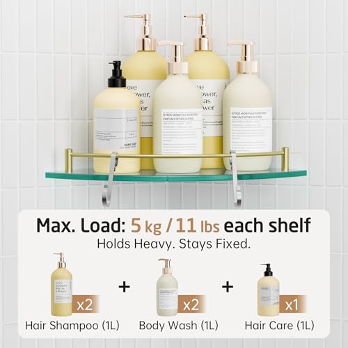KES Glass Corner Shelf Bathroom Shelf Tempered Glass with Rail SUS 304 Stainless Steel Floating Wall Mount Bracket Brushed Gold, BGS2101A-BZ - color: Brushed Gold
