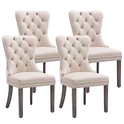 KCC Velvet Dining Chairs Set of 4, Upholstered High-end Tufted Dining Room Chair with Nailhead Back Ring Pull Trim Solid Wood Legs, Nikki Collection Modern Style for Kitchen, Beige - color: Beige, size: Set of 4
