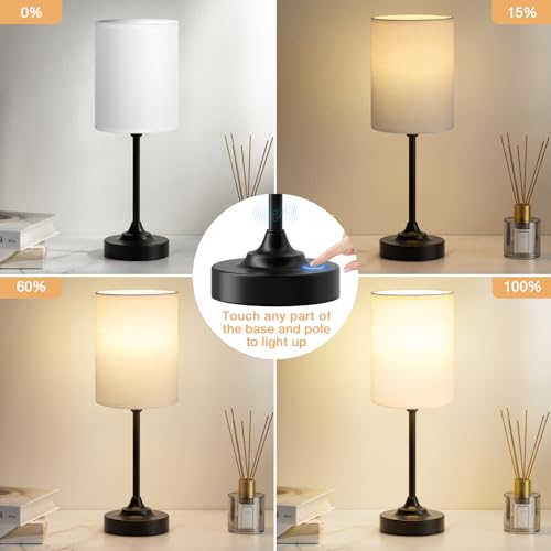 Touch Nightstand Bedroom Lamp - 3 Way Dimmable Bedside Lamp, Small Table Lamp Linen Lampshade for Office Desk, LED Bulb Included - color: White Shade-Black Base, size: 14" Touch Control