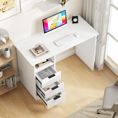 White Computer Desk with Charging Station, Home Office Desks with 3 Drawers & Open Storage Shelf, Modern Makeup Vanity for Bedroom, Wooden Study Writing Table Workstation