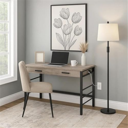 Pemberly Row Industrial Writing Desk, Weathered Oak Finish, Metal Ladder Base, USB Ports, 2 Drawers, Crossbar Support, Contemporary Home Office Desk for Writing and Productivity