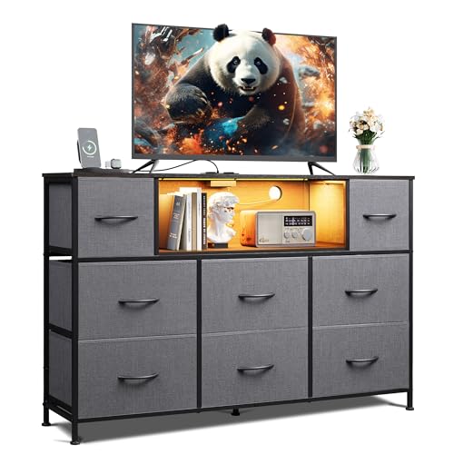 WLIVE Grey Dresser TV Stand for 45, 50, 55 inch TV, Entertainment Center with LED Lights & Charging Station, Chest of Drawers with 8 Fabric Drawers and Open Storage Shelves for Living Room, Hallway - color: Dark Gray