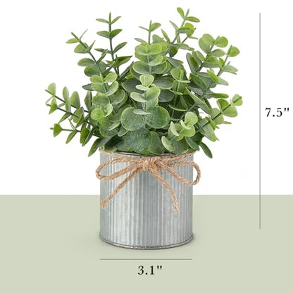 Mkono 2 Packs Small Fake Plants in Farmhouse Galvanized Pots Table Centerpiece Mini Faux Eucalyptus Potted Artificial Plants for Bathroom Shelf Room Rustic Home Decor
