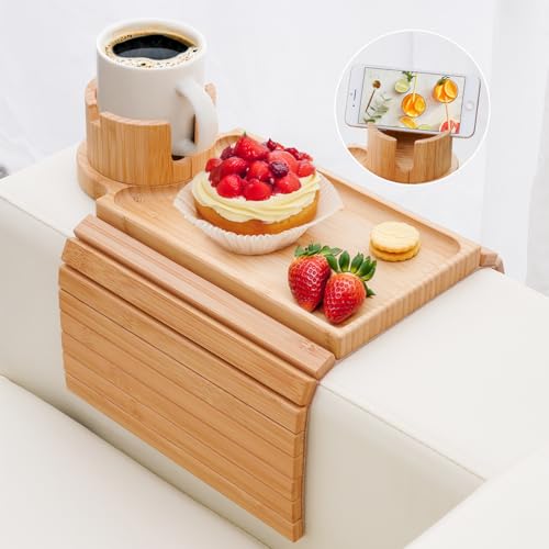 Couch Cup Holder - 3 in 1 Sofa Arm Tray with 360° Rotating Cup Holder & Phone Stand,Arm Chair Rest Table Fits Various of Large Width Couches Armrest,Anti-Slip Foldable Couch Tray for Drinks - color: Natural