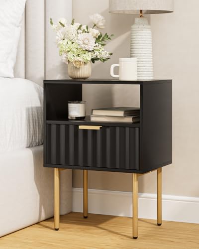 Night Stand,Modern Bedside Table with Drawer and Shelf,Black Night Stand with Gold Frame,Small Side Table for Bedroom,Living Room - color: Black