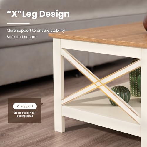 PHI VILLA Farmhouse Coffee Table for Living Room, White Coffee Tables with Storage Rustic Style Modern - color: Ivory 1