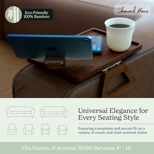 Shamrock Home Bamboo Couch Arm Table with Device Holder, Clip On Tray. for TV Dinners, Remotes, Drinks, Snacks and Small Spaces (Rectangular with Device Holder, Brown, Regular 13.75 x 9.5) - color: Brown, size: Regular 13.75 x 9.5", style: Bamboo Rectangu