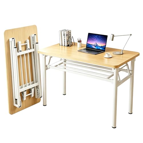 Folding Desk for Small Spaces, 31.5 Inch Foldable Computer Desk, No Assembly Required, Space Saving Portable Study Table for Compact Home Office, Bedroom, Dorm, Apartment, Teak&White - color: Frame：white/Board：teak, size: 31.5"*19.7"