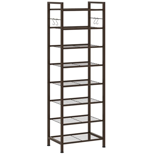 usikey 8 Tiers Narrow Shoe Rack 16-24 Pairs, Sturdy Metal Tall Shoe Rack with 4 Hooks, Slim Shoe Storage Organizer with Metal Shelf, Space Saving Vertical Shoe Shelf for Closet Entryway, Bronze - color: 8 Tier ( 17.9 X 11 X 55.5 Inches)-bronze