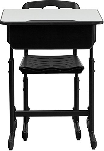 Flash Furniture Adjustable Student Desk and Chair Set for Classrooms or Remote Learning, Adjustable School Desk with Chair and Book Box, Gray/Black | Black Pedestal Frame, Adjustable , Commercial Use