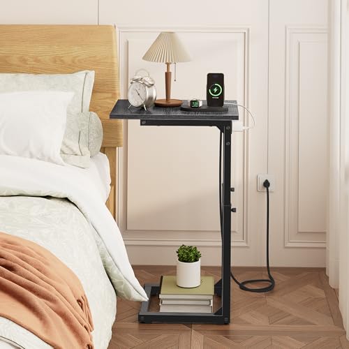 Vagusicc C Shaped End Table with Charging Station, 33" Tall Side Table for Couch, Adjustable Height C Table End Table, Couch Table Slide Under Sofa Table TV Tray Table for Living Room, Gray Walnut - color: Gray Walnut, style: Charging Station