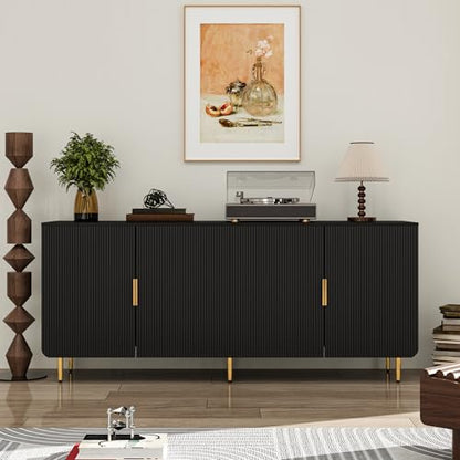 65" Fluted Sideboard Buffet Cabinet with Storage, Console Cabinet with 4 Doors & Adjustable Shelves, Modern Buffet Table for Kitchen Dining Living Room Hallway‌ Entryway, Black - color: Black
