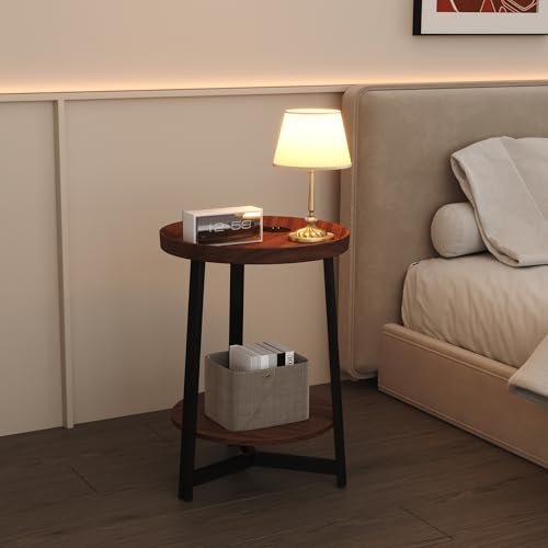 Round Industrial Side Table with Charging Station,2-Tier Round End Table with USB Port & Power Outlet, Nightstand with Metal Frame for Small Spaces, Living Room, Bedroom, Cherry - color: Cherry, style: With Charging Station