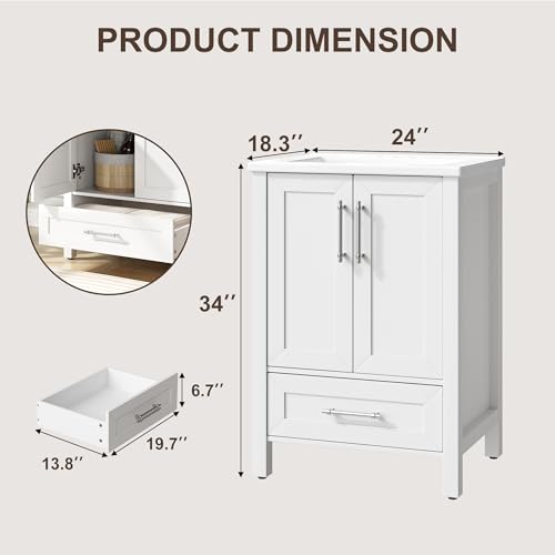 IDEALHOUSE 24" Bathroom Vanity with Sink, Freestanding Wooden Bathroom Vanity Cabinet with Soft-Closing Door and Metal Handle, Modern Floor Standing Storage for Small Spaces,White - size: 24in